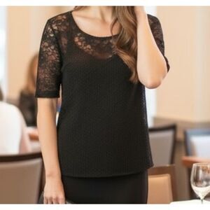 BR Black Lace Metallic Shimmer Short Sleeves Stretch Top Scoop Neck Sz L